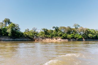 Paisagem tranquila de margem de rio, com vegetação verdejante, águas calmas e céu azul.